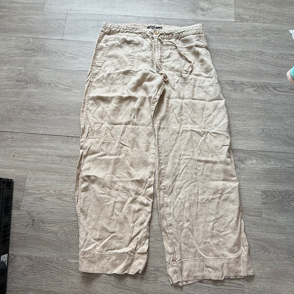 Lauren Ralph Lauren Tan 100% Linen Wide Leg Drawstring Pants Beige Womens 16